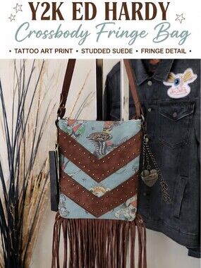 Y2K Ed Hardy Crossbody Fringe Bag – Tattoo Print Studded